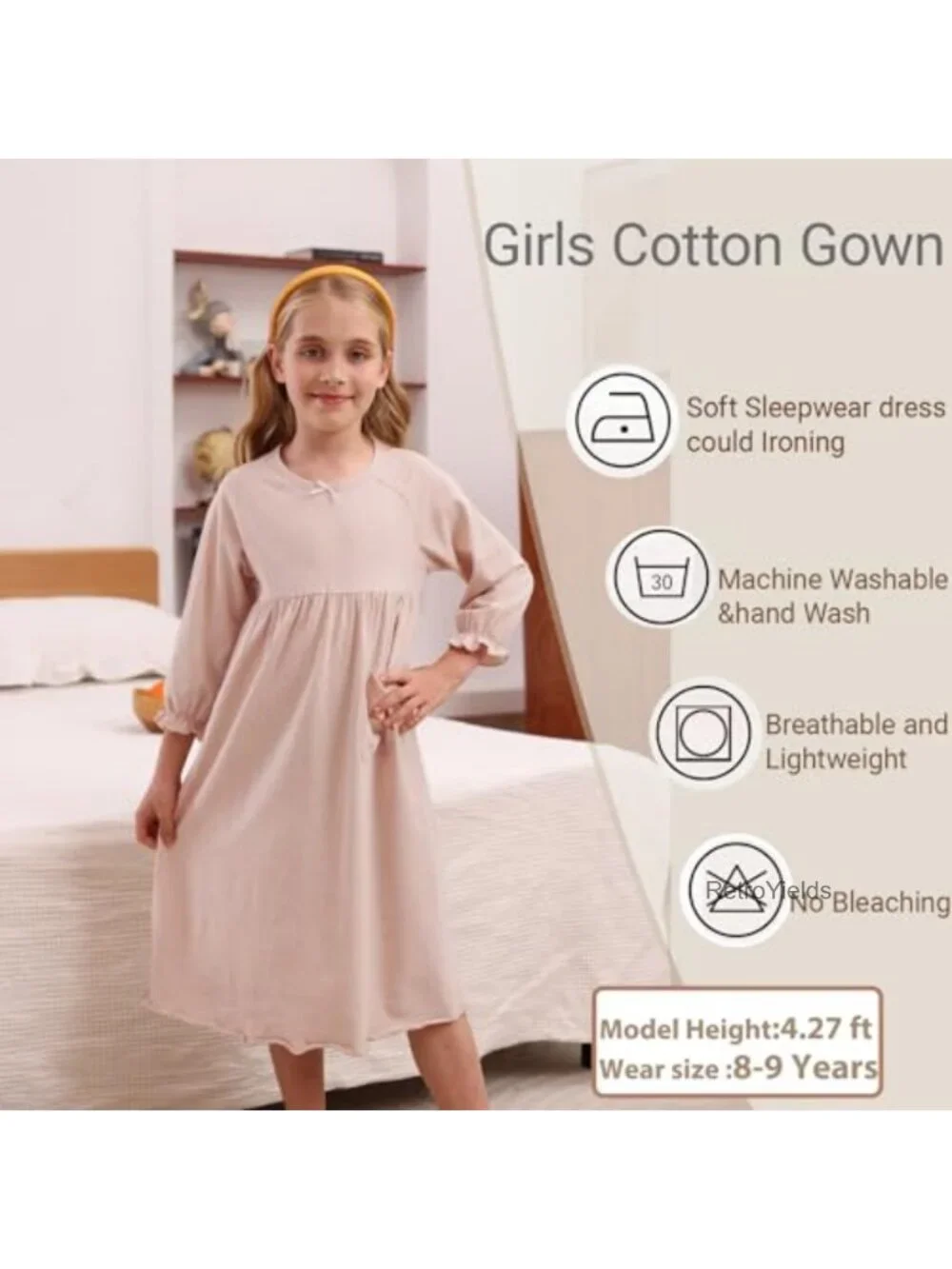 Girls Organic Cotton Nightgown Lace Trim Long Sleeve Sleepwear Dress